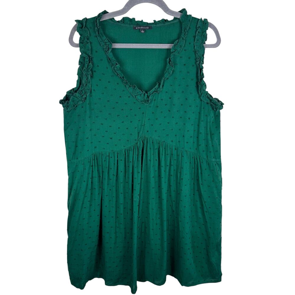 Staccato Green Embroidered Ruffled V-Neck Pleated Lightweight Sleeveless Dress L